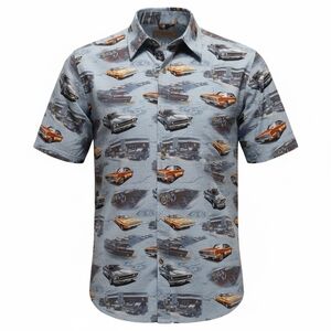 Clearwater Outfitters - Blue Button Down Shirt W/ Graphic Design Of Classic Cars